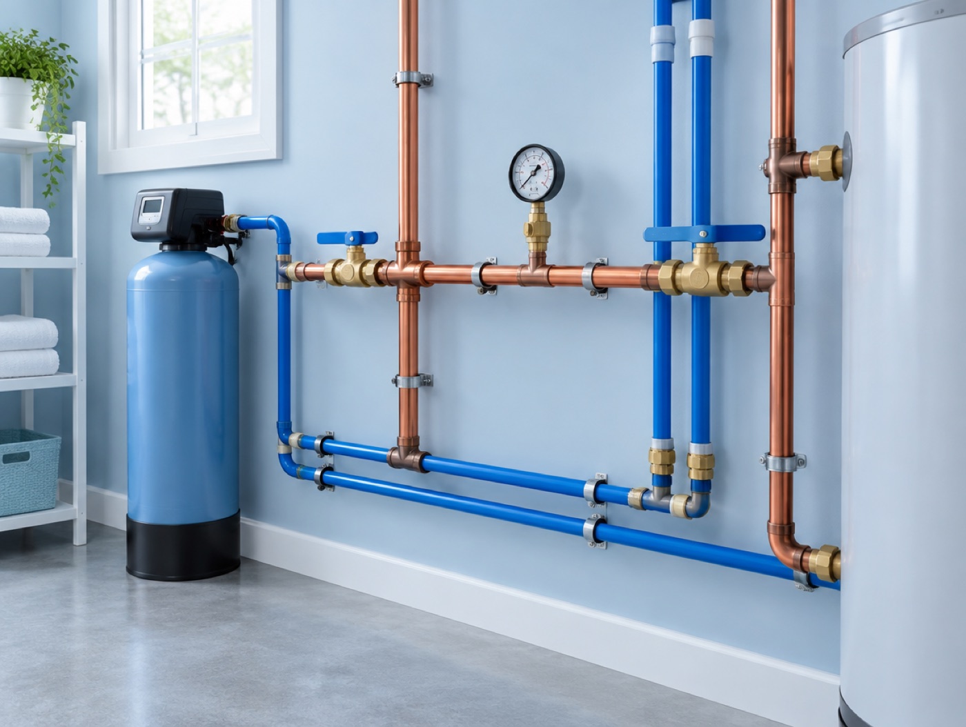 Water lines running through a utility room